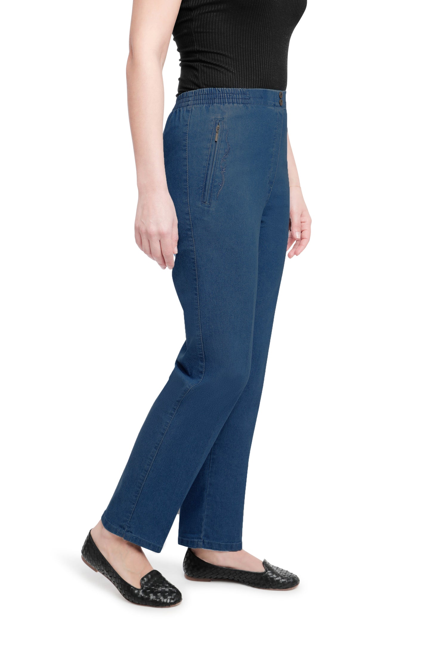 Jana - Damen Sommer Jeans mit schicker Stickerei, Gummizug, gerader Schnitt, Hosentaschen mit Reißverschluss, Senioren Schlupfhose